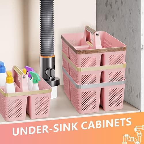 BYUNER Shower Caddy Dorm Plastic: Portable Bathroom Caddy Organizer with Handle and Holes, Cleaning Caddy, Hard Shower Basket Storage Tote for Toiletry, College Dorm Room Essentials Pink/Gold thumbnail 6