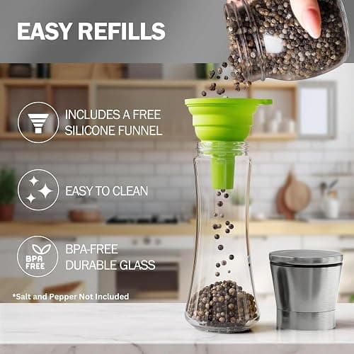 Home EC Premium Stainless Steel Sea Salt and Pepper Grinder Set of 2 - Adjustable Ceramic - Tall Glass Salt and Pepper Shakers - Kitchen Spice Mill W/Funnel & EBook thumbnail 4