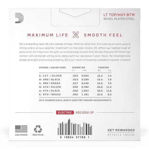 D'Addario Electric Guitar Strings, XS Nickel Coated, XSE1052-3P, Light Top/Heavy Bottom Gauge 10-52, 6-String Set, Pack of 3 thumbnail 2