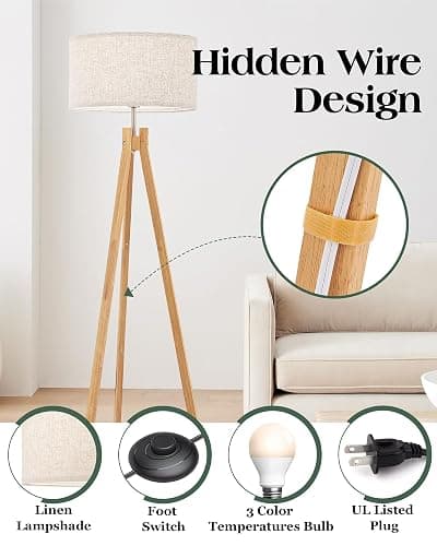 ELYONA Nordic Wood Tripod Floor Lamp, Modern Reading Standing Lamp for Living Room 3 Color Temperatures LED Bulb Included Flaxen Lamp Shade, Boho Natural Wooden floor lamp for Bedroom Office Kids Room thumbnail 3
