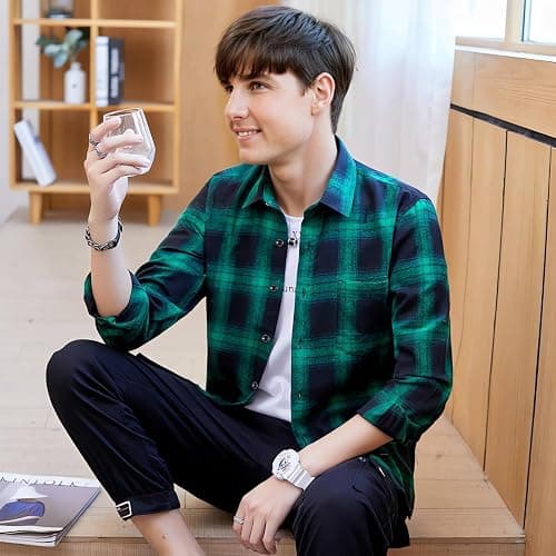 DOKKIA Men's Casual Dress Long Sleeve Buffalo Plaid Checkered Fitted Flannel Shirt thumbnail 4