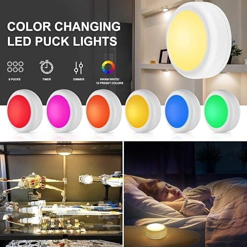 BLS LED Puck Lights with Remote Control, Wireless Under Cabinet & Closet Lighting, RGB 13 Color Changing Lights with Dimmer, Timer & AA Battery Operated, Push, Touch, Stick on for Night, White, 6 Pack thumbnail 7