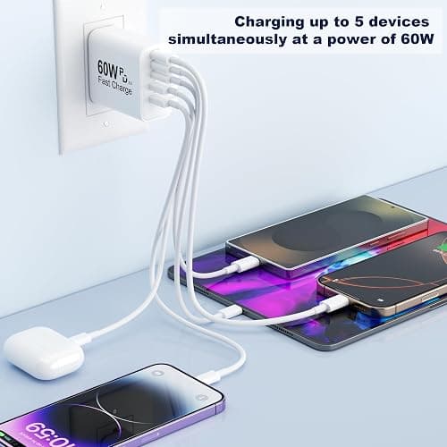 USB C Charger Block, 5 in 1 Single 25W Max iPhone Charger, PD 3.0 60W Charging Blocks, QC 2A USB Wall Charger for iPhone 17 16 15 14 13 12 Pro Max, iPad, iPod, Samsung, AirPods Pro, Apple Watch Series thumbnail 6
