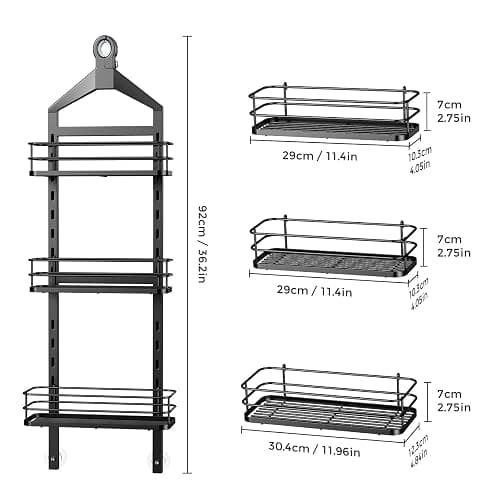 ODesign 3 Tier Height-Adjustable Shower Caddy Hanging Hanger Anti-Swing-Over The Shower Head Caddy-Shower Storage Organizer Bathroom Shelves Basket Shower Caddies-Black,11.9" x 4.84" x 36.2" thumbnail 2