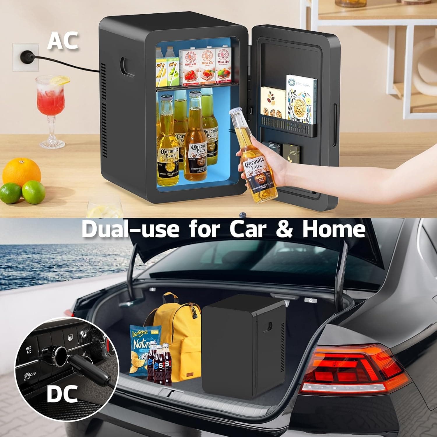 Personal Mini Fridge Cooler, 22L Portable Small Fridge Cooler and Warmer for Car Office Desk & Dorm Food Beverage Skincare Makeup, Black thumbnail 2