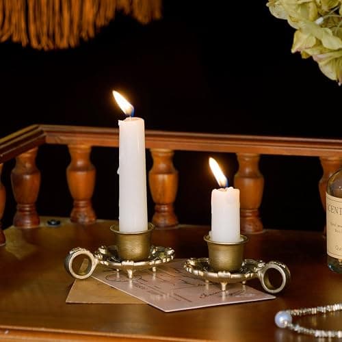 NIKKY HOME Vintage Gold Taper Candle Holders Set of 2, Handle & Drip Tray | Small Metal Candlestick, Embossed Ornamentation, Old‑Fashioned Accent for Table Centerpieces, Weddings & Housewarming Display thumbnail 4