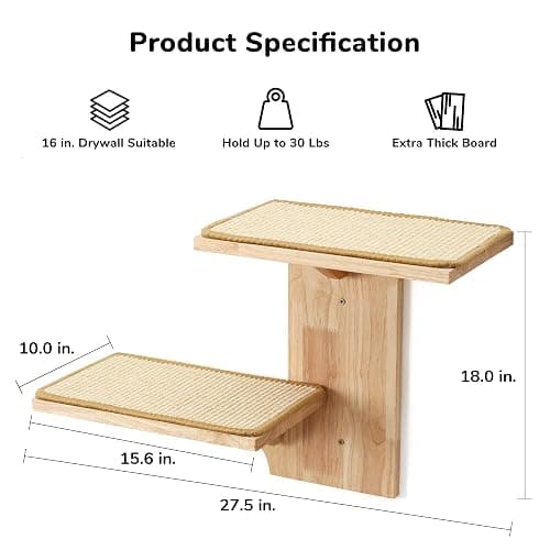 FUKUMARU Cat Wall Shelves, 2 Platform Cat Wall Furniture, Tree Shape Wall-Mounted Cat Floating Shelf with Sisal Mat, Solid Rubber Wood Cat Perch for 16 Inch Drywall, Suitable for Climb, Play, NapQQ thumbnail 4