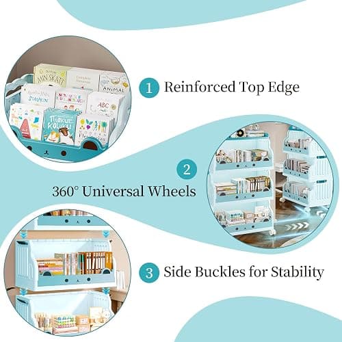 Roqao Book Cart, 4 Tier Rolling Cart, Movable Rolling Bookcase, Book Shelf for Kids Rooms, Rolling Utility Cart with Lockable Casters for Classroom, Study, Office, Bedroom - Sky Blue thumbnail 3