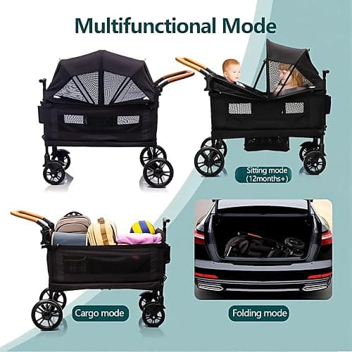 Luxury Wagon Stroller for 2 Kids & Cargo-Lightweight Foldable Travel Push Pull All-Terrain Double Wagon for Newborn&Toddler with 5-Point Harness,Adjustable Handle, Canopy,Tray Table,Cup Holder thumbnail 3