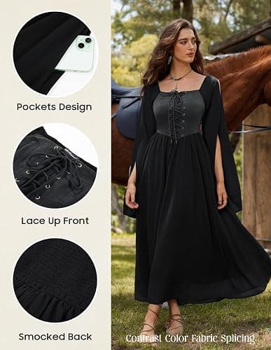 Scarlet Darkness Renaissance Costume Women Pirate Dresses Split Bell Sleeve Medieval Ren Faire Dress with Pockets thumbnail 4