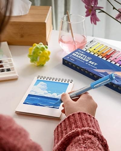 JusArt Acrylic Paint Markers Brush Tip 18 Colors, Water-Based No-Bleed Markers with Automatic Ink Control, Waterproof Acrylic Paint Pens for DIY Art & Crafts -Fabric, Wood, Rock, Ceramic, Metal thumbnail 2