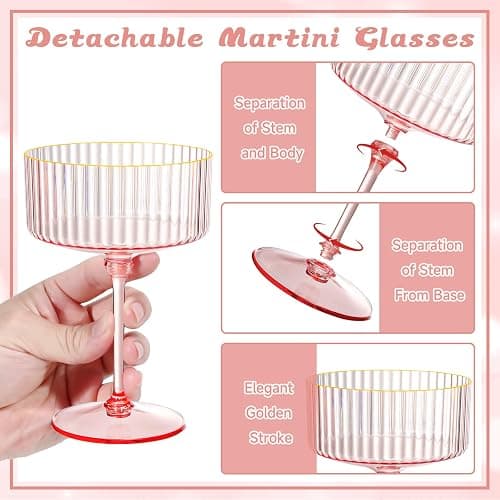 XUWAIDSGN 12 Pcs Champagne Martini Glasses 9 Oz with Gilded Removable Gold Rim Coupe Glasses Pink Martini Glasses Plastic Mimosa Vintage Coupe Glasses Set For Wedding Anniversary (12, Ribbed Pink) thumbnail 3