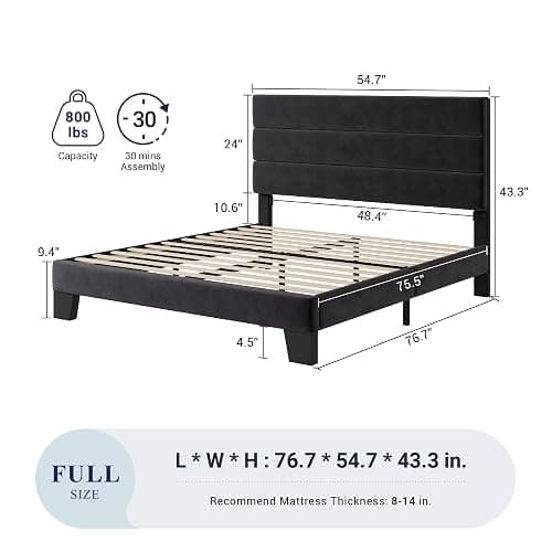 Allewie Full Size Platform Bed Frame with Velvet Upholstered Headboard and Wooden Slats Support, Fully Upholstered Mattress Foundation/No Box Spring Needed/Easy Assembly, Black thumbnail 2