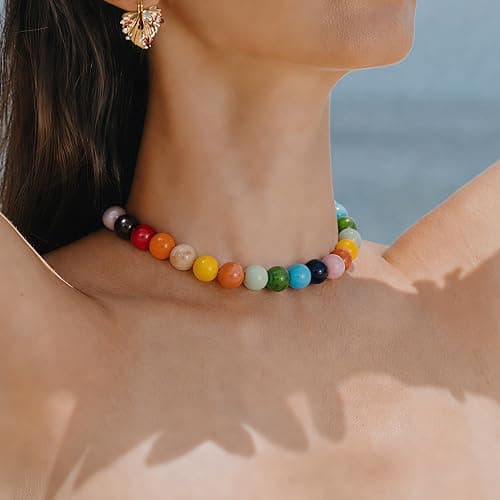 ZHDHDQ Multicolor Chunky Beaded Necklace, Statement Colorful Round Ball Beads Choker Necklace with Gold-Tone Adjustable Chain, Fashion Bold Neck Jewelry for Women thumbnail 2