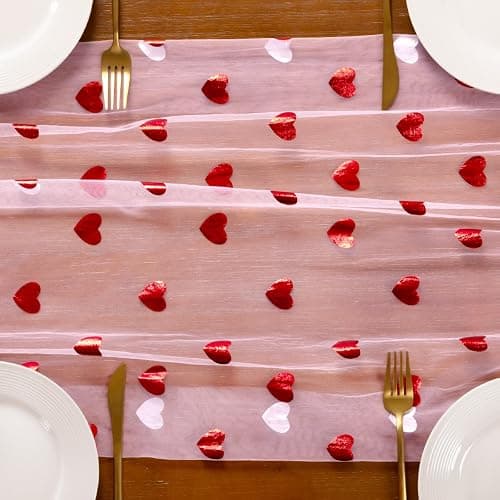 Gold Gauze Table Runner Red Heart Sheer Romantic Wedding Party Table Decor | Pink Sequin Glitter Metallic Foil 10FT Chiffon Cheesecloth Dining Wedding Birthday Baby Shower Holiday Decorations thumbnail 5