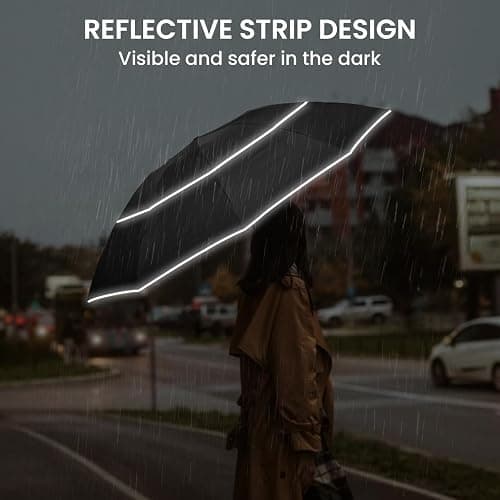 G4Free 54/62 Inch Windproof Inverted Umbrella with Reflective Stripe, Large Compact Reverse Golf Travel Umbrella for Rain 10 Ribs Double Canopy Automatic Open Close - Black - 62 inch thumbnail 2