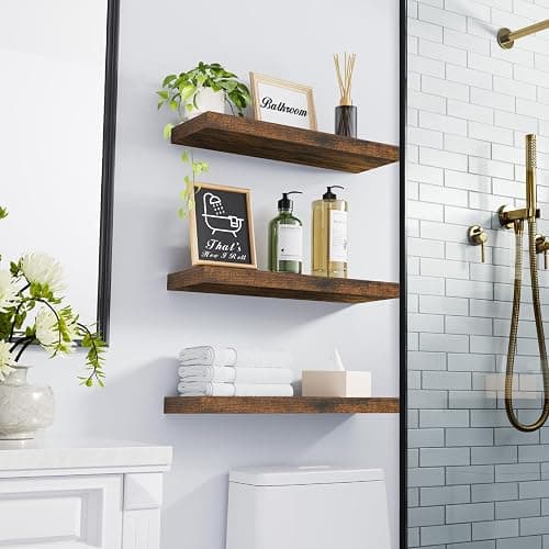 BAYKA Floating Shelves Bathroom for Wall – Shelf Over Toilet Farmhouse Rustic Wood for Bedroom, Kitchen, or Living Room Decor Organization, Christmas Decor Shelves – Rustic Brown, Set of 3 thumbnail 2