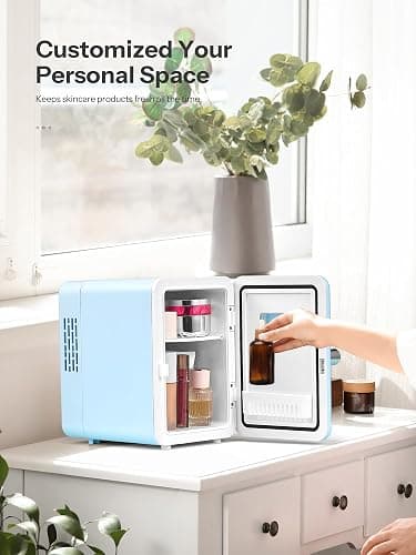 Reemix Mini Fridge, 4L/6 Cans Retro Portable Cooler For 120V Home & 12V DC Car Use, Skincare Fridge for Bedroom, Car, Office, Dorm (Aqua) thumbnail 5