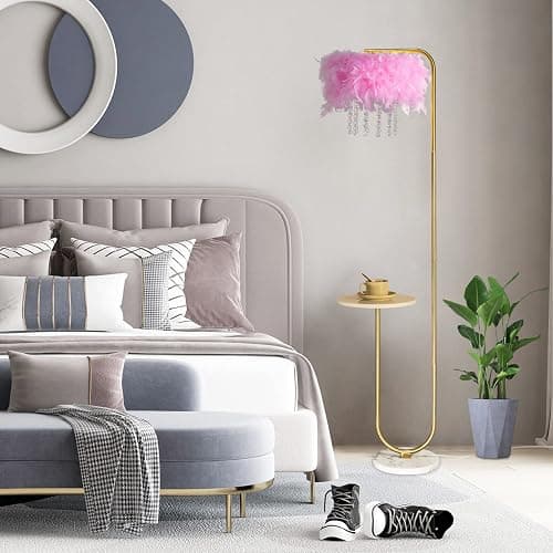 beaysyty Unique Led Pink Feather Floor Lamp with Tray,Ostrich Feather Stand Lamp,Living Room Bedroom Office Shop Window Decoration Lamp,Foot Switch and Brass/Gold Finish Arc Floor Lamp thumbnail 2