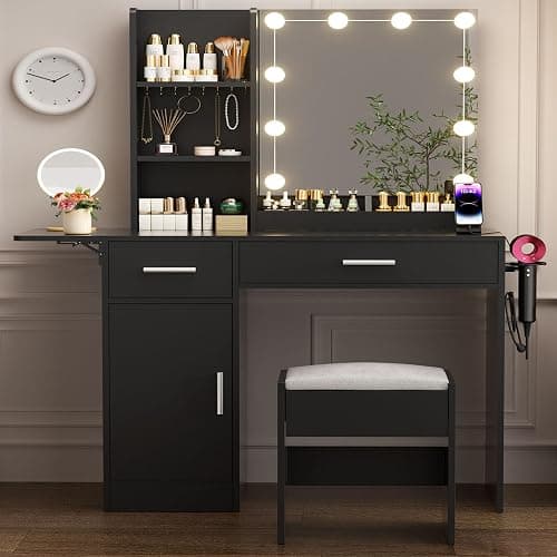 ERLEJIA Vanity Desk with Mirror and Lights, 39.37" 4 Drawers Makeup Desk Without Stool, Extra Foldable Desk with 3 Open Shelves Make Up Table for Girls and Ladies Bedroom, Black - Image 1