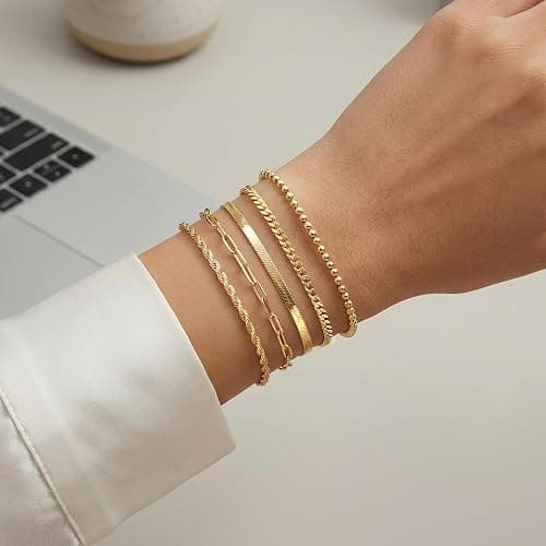 Poxtex Gold Bracelets for Women, 14K Real Gold Dainty 7" +2" Adjustable Multilayer Trendy Bracelets Set for Women Waterproof Inclued Beaded, Cuban, Paperclip, Snake, Rope, Figaro, Mirror, Satellite thumbnail 2