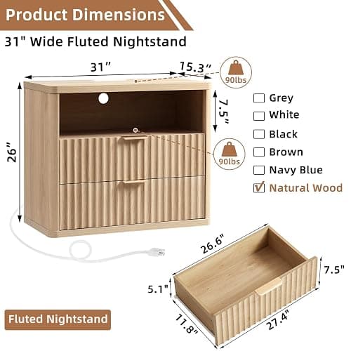 LEYAOYAO 31" Wide Fluted Nightstand with Charging Station, Oversized Extra Large 1 Drawer Night Stand with Golden Handle, Natural Wood Bedside Table Tall End Tables,for Bedroom, Living Room, Hallway thumbnail 2