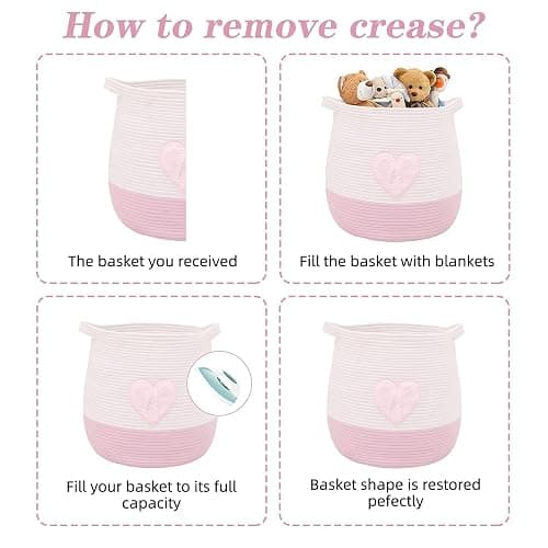 childishness ndup Large Cotton Rope Basket, Woven Storage Basket for Toy, Laundry and Blanket Organizer Basket, Round Hamper Basket with Handles for Kid's Room 17.7"x16.9" (Pink Heart) thumbnail 6