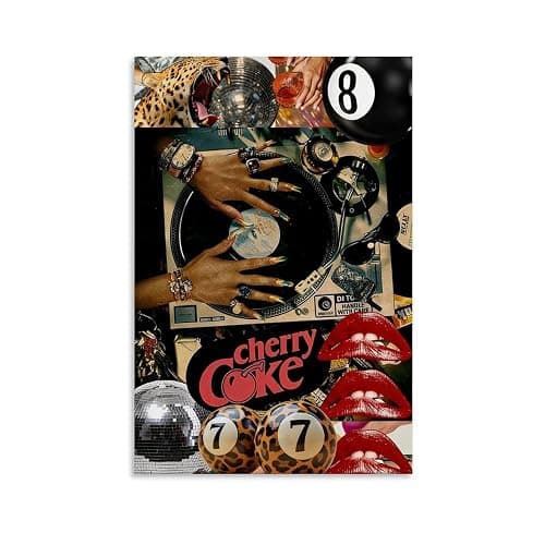 Retro Pop Culture Collage Canvas Wall Art Leopard Print Disco Ball Cherry Coke Posters with Vinyl Record And Glam Nails Trendy Bedroom Music Room Bar Lounge Canvas Poster Wall Art Decoration for Home, - Image 1