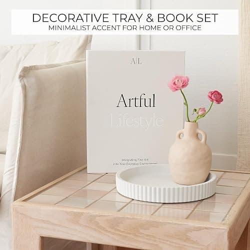 Decorative Concrete Tray & Book Decor Set - Scalloped Tray & Linen Box Enhance Your Coffee Table or Bookshelf Decor - Stylish Home Decoration for Your Living or Dining Room & as a Housewarming Gift thumbnail 3