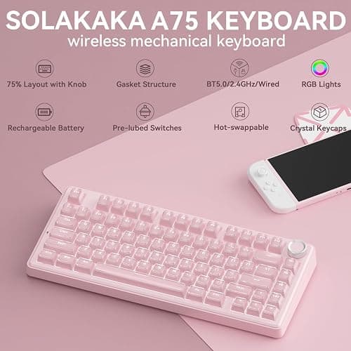SOLAKAKA A75 Wireless Gaming Keyboard with Multifunction Knob, BT5.0/2.4GHz/USB-C, 75% Mechanical Keyboard, Hot-Swappable, Gasket Creamy Keyboard with RGB Backlit, Crystal Keycaps, for PC/Mac/PC thumbnail 2