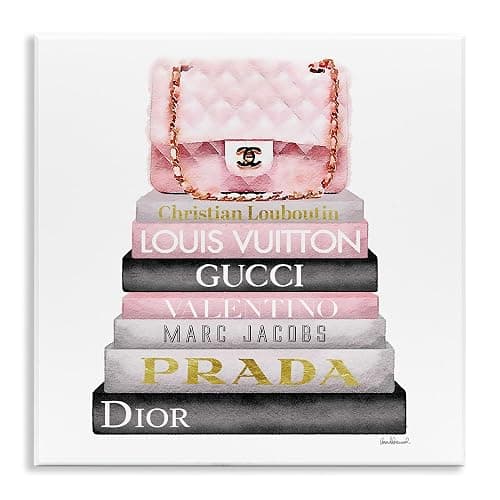 Stupell Industries Watercolor High Fashion Bookstack Padded Pink Bag Wall Plaque Art, 12 x 12, Pink, for Bedroom - Image 1