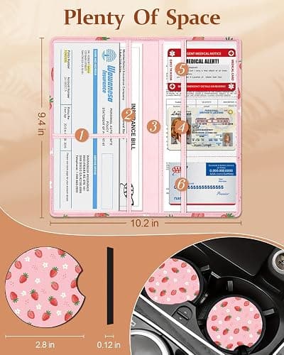 Slohif Car Registration and Insurance Card Holder with Magnetic Shut - Vehicle Glove Box Organizer Women Leather Automobile License Holders Coasters Auto Accessories Case for Document,Strawberry thumbnail 2