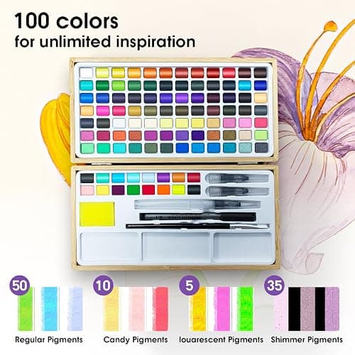 Watercolor Paint Set,100 Colors in Nature Bamboo Box,Portable Water Colors Kit with Papers and Brush Pens,Great for Kids Adults Beginners & Professionals thumbnail 4