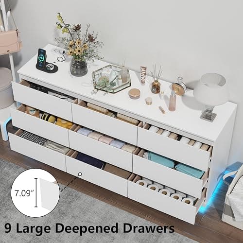 Gyfimoie 9 Drawer Dresser with Power Outlet, Floating White Dresser Chest of Drawer with LED Light,Modern Double Wide Drawer Organizer Cabinet for Bedroom,Living Room (9 Drawer-White) thumbnail 6