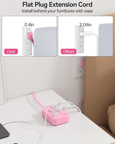 Pink Power Strip - 5Ft Extension Cord with 3 USB(1 USB C) Charging Station and 3 Outlets, Pink Desk Accessories for Cruise Travel Cute Kawaii College Dorm Desk Home Essentials thumbnail 3