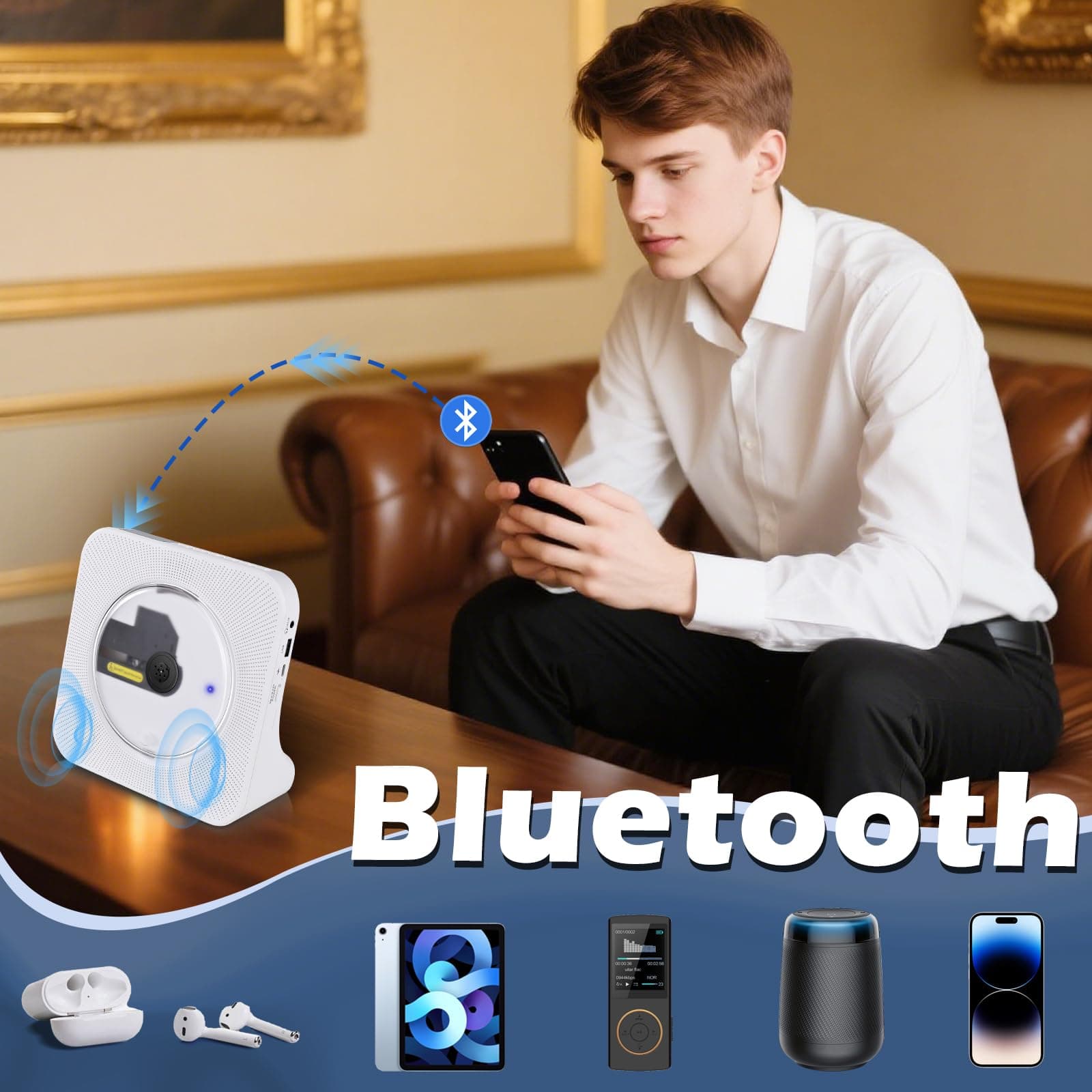 CD Player with Bluetooth 5.0, Portable CD Player for Home Built-in HiFi Speaker, Remote Control, FM Radio, Headphone jack, Timer, Support AUX/USB White thumbnail 3