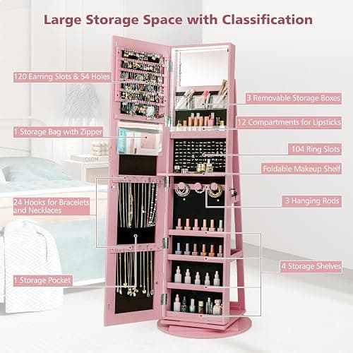 CHARMAID 360° Swivel Jewelry Armoire with Full Length Mirror, Rear Storage Shelves, Lockable Standing Jewelry Cabinet Organizer with Interior Vanity Mirror and 3-Color Lights (Pink) - Pink thumbnail 4