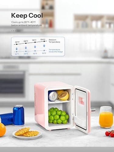 Reemix Mini Fridge, 4L/6 Cans Retro Portable Cooler For 120V Home & 12V DC Car Use, Skincare Fridge for Bedroom, Car, Office, Dorm, Pink thumbnail 4