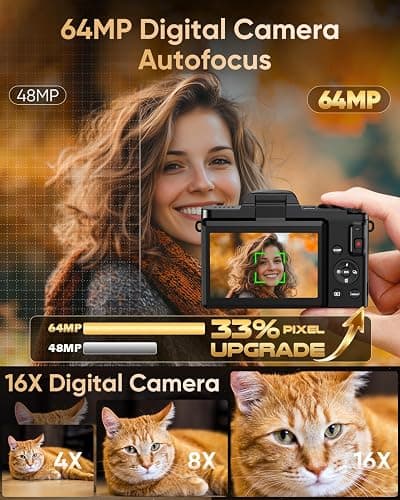 4K Digital Camera for Photography with WiFi,64MP Autofocus 3'' 180° Flip Screen 16X Zoom Vlogging Camera for YouTube, Compact Travel Camera for Beginners, Anti-Shake, 32GB Card, 2 Batteries, Black thumbnail 4