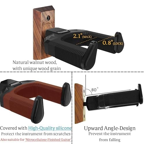 Onmiwod Guitar Wall Mount, Auto Lock Black Walnut Wood Guitar Hanger, Guitar Wall Hangers, Guitar Holder Hook Wall Stand for Classical, Acoustic, Electric Guitar, Bass, Gift for Guitar Player thumbnail 3
