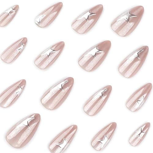 Mivota Medium Press on Nails Almond Cat Eye Nude Fake Nails Glossy Glue On Nails with 3D Silver Star Nail Art Designs, Decorative Thick Reusable Glossy Full Cover Stick on Nails for Women 24Pcs thumbnail 3