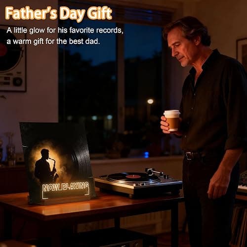 CoolGift Mart Now Playing Vinyl Record Stand, Light up Record Holder, Wooden Acrylic Display with Warm White Lights for Albums, Room Decor, for Vinyl Lovers thumbnail 3