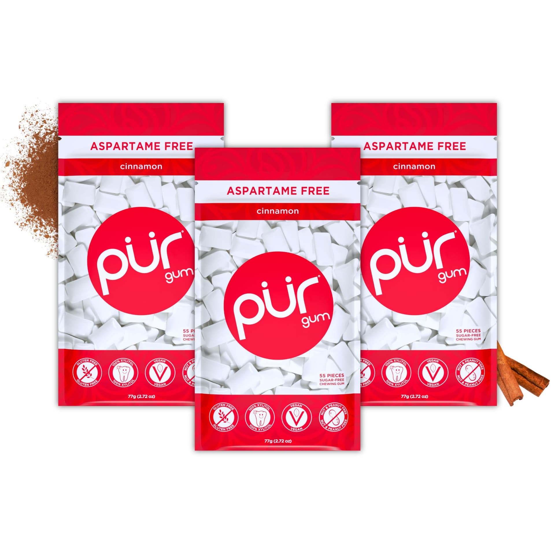 PUR Gum The Company | Sugar-Free + Aspartame-Free Chewing | 100% Xylitol | Cinnamon | Vegan + Non GMO | 55 Pieces per Bag (Pack Of 3, 165 Pieces) - Image 1