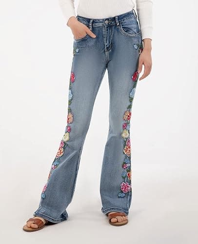 Women's Embroidered Bell Bottom Jeans Stretch Flared Fit Wide Leg Denim Pants thumbnail 5
