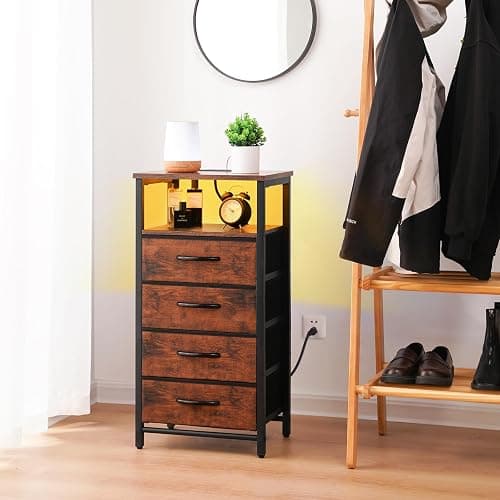 Yoobure Night Stand - LED Rustic Nightstand with Charging Station, Bedside Table with 4 Storage Drawers and Storage Shelf, End Table with USB Ports and Outlets thumbnail 2