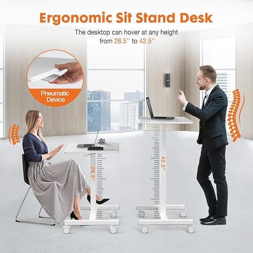 Sweetcrispy Small Mobile Standing Desk, Rolling Laptop Computer Carts, Portable Laptop Desk with Wheels, Adjustable Height Table for Home Office, White thumbnail 4