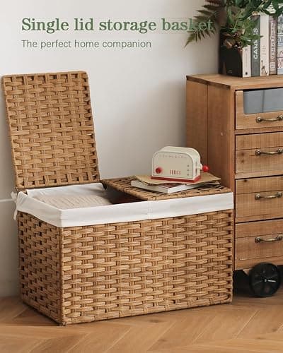 SETVSON Storage Basket with Lid Rattan Woven Storage Baskets with 2 Separate Lids, 17.2 Gallon (65 L), 22 x 13 x 13.8 Inches,Foldable, 2 Removable Liner Bags Handles for Bedroom, Laundry Room Natural thumbnail 4