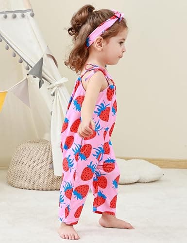 Lindanina Toddler Baby Girls Romper Sleeveless Jumpsuit Summer Clothes Adjustable Tie-Up Strap with Pocket Headband 1-5T thumbnail 5
