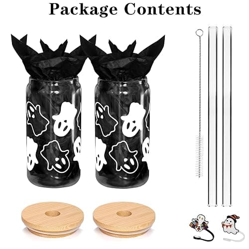 ANOTION Halloween Mugs - 18oz Halloween Ghost Decorations Glass Cups Tumbler for Iced Coffee, Glassware Cookie Jar Decor Gift Drinking Water Bottles thumbnail 8