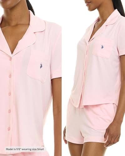 U.S. POLO ASSN. Summer Pajamas for Women Set | Short Sleeve Button Up Top and PJ Shorts - Bridesmaid Lounge Sets for Women thumbnail 4